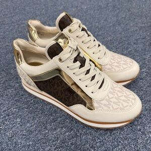 Michael Kors Maddy Trainer Mini MK Logo Vanilla Brown Gold Shoes Sneakers Size 7